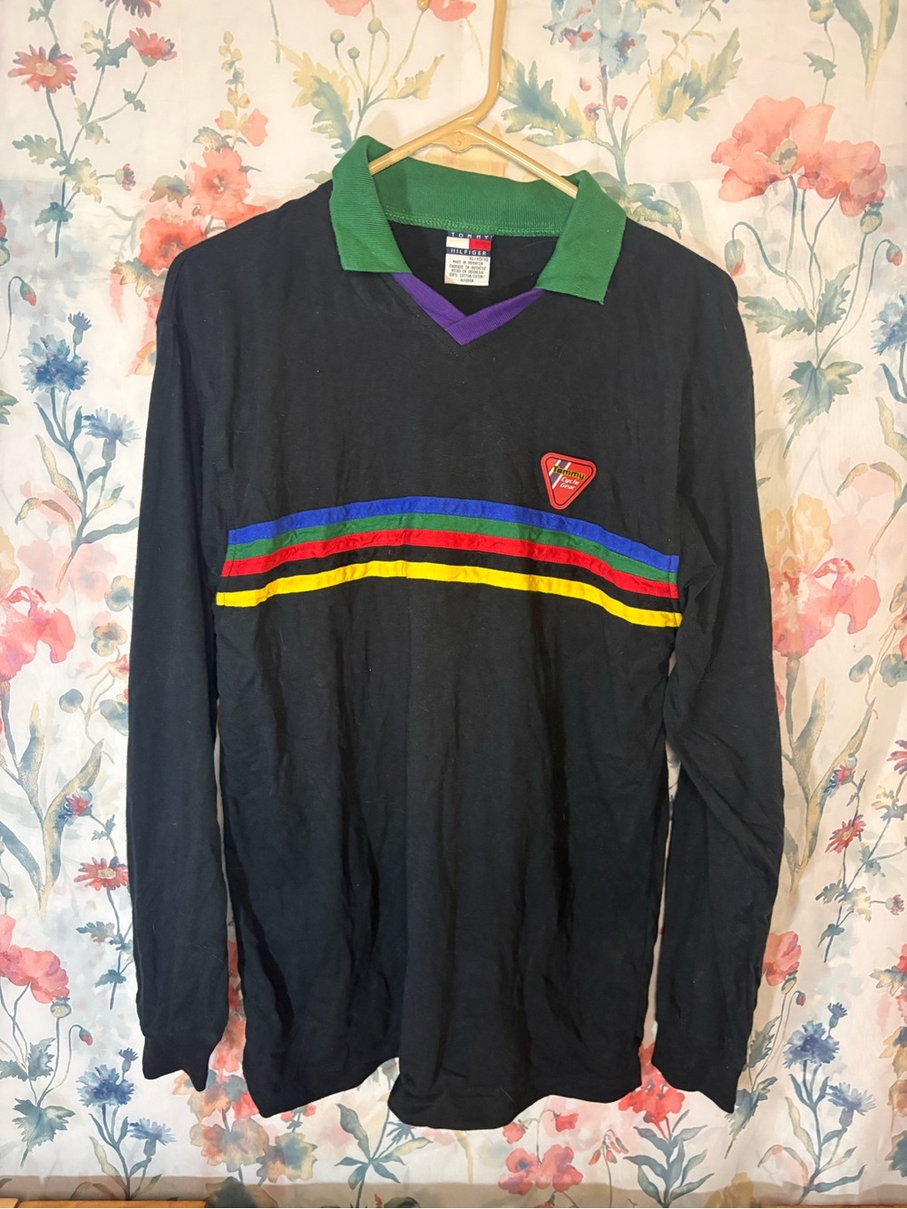 Vintage Tommy Hilfiger Black Long Sleeve Polo with Green Collar